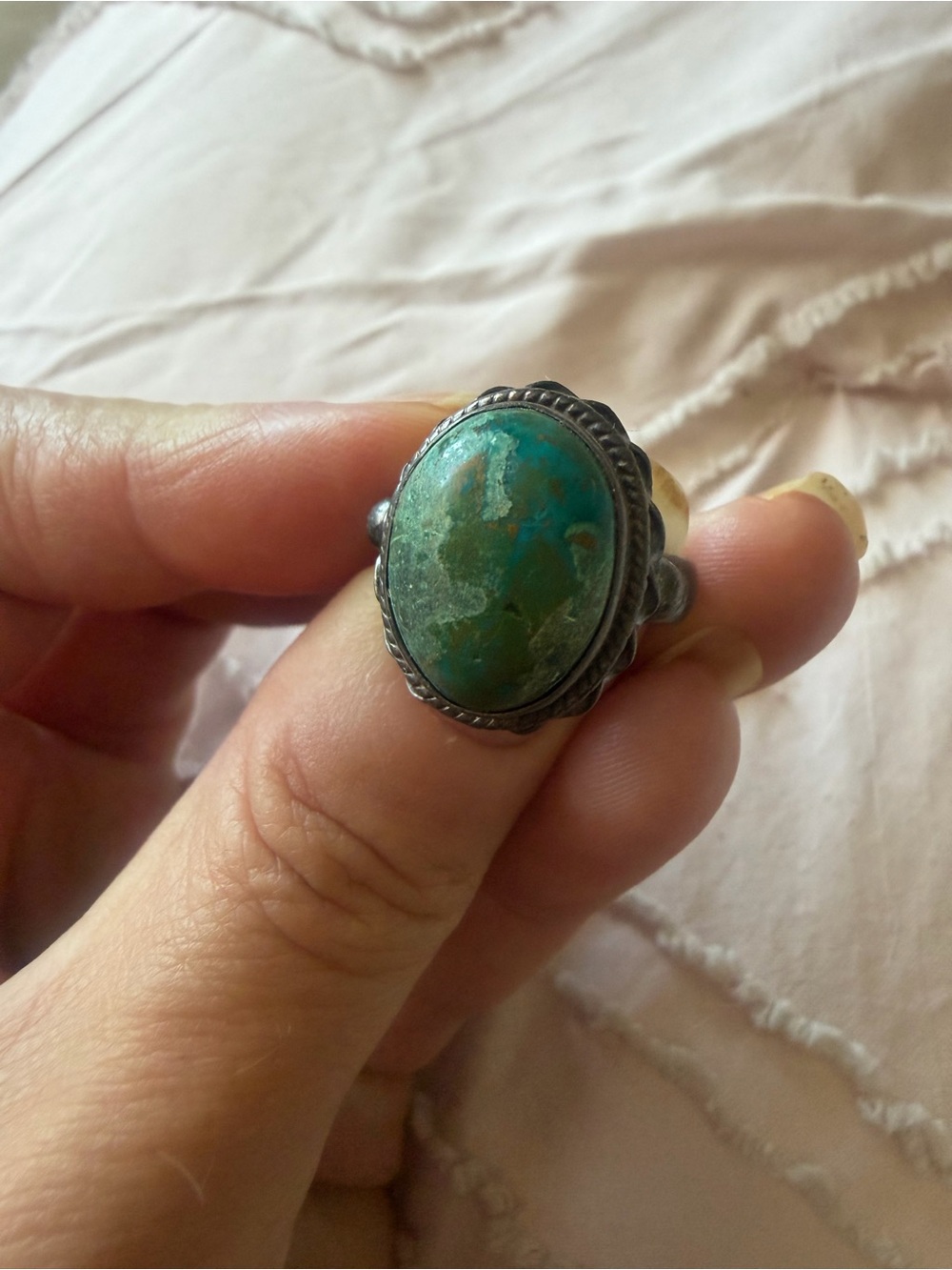 Sterling-Style Oval Turquoise Ring in Green-Blue